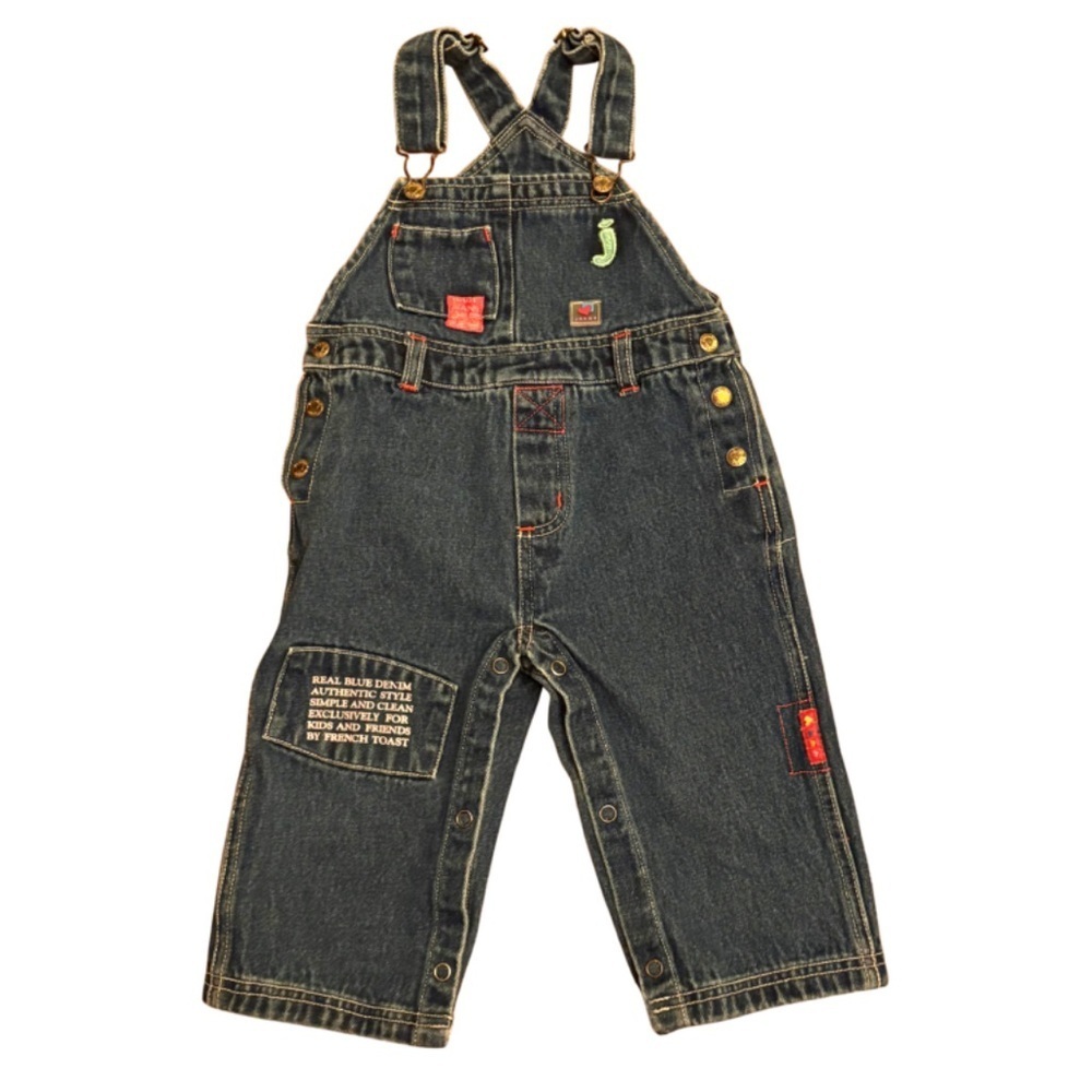Vintage Kids French Toast 90s Jeans Denim Patchwork Overalls Size 18M - Picture 1 of 8